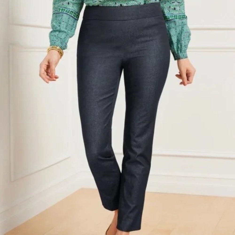 Talbots Chatham Ankle Pants 12 PETITE Pull-On Flat Front Slim Dark Chambray